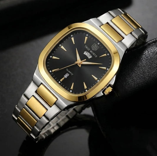 Men’s True Worth Stainless Steel Day & Date Quartz Watch – Two-Tone Bracelet