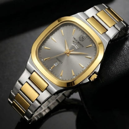 Men’s True Worth Stainless Steel Day & Date Quartz Watch – Two-Tone Bracelet