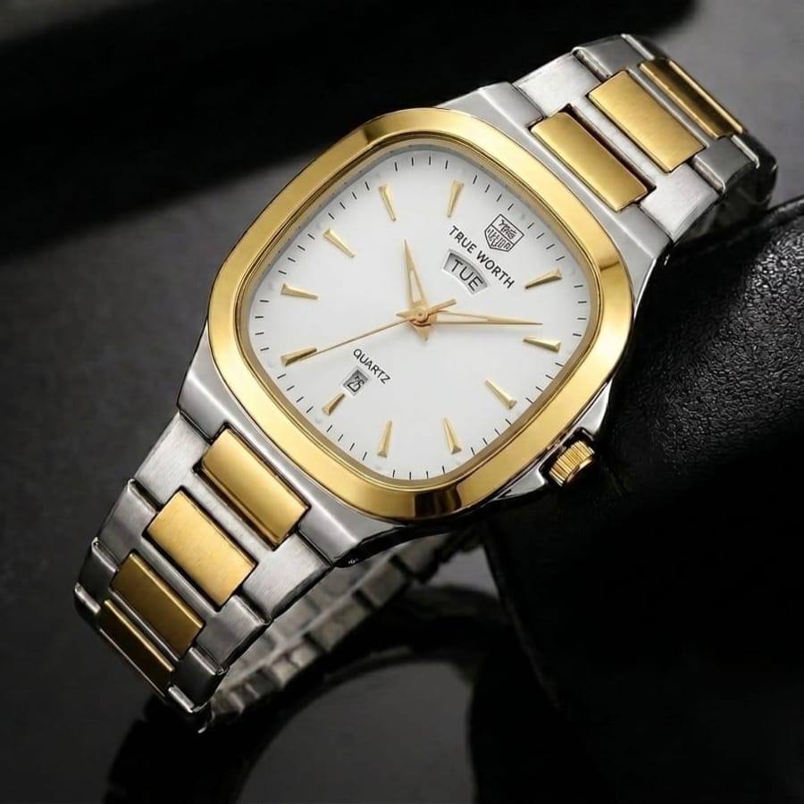 Men’s True Worth Stainless Steel Day & Date Quartz Watch – Two-Tone Bracelet