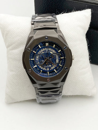 Diamond-Cut Skeleton Dial Men's Watch — Stainless Steel Chain