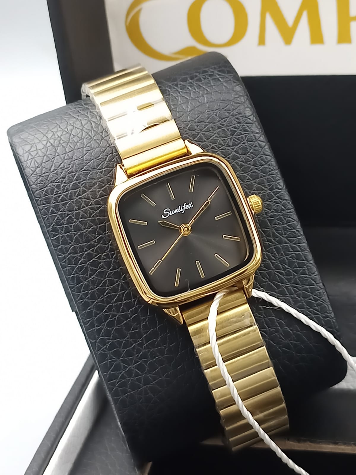 Sunlifex Square Dark Dial Gold Mesh Watch for Ladies
