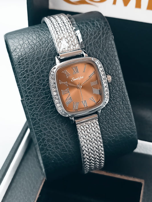 Sunlifex Crystal Bezel Square Silver Watch for Ladies