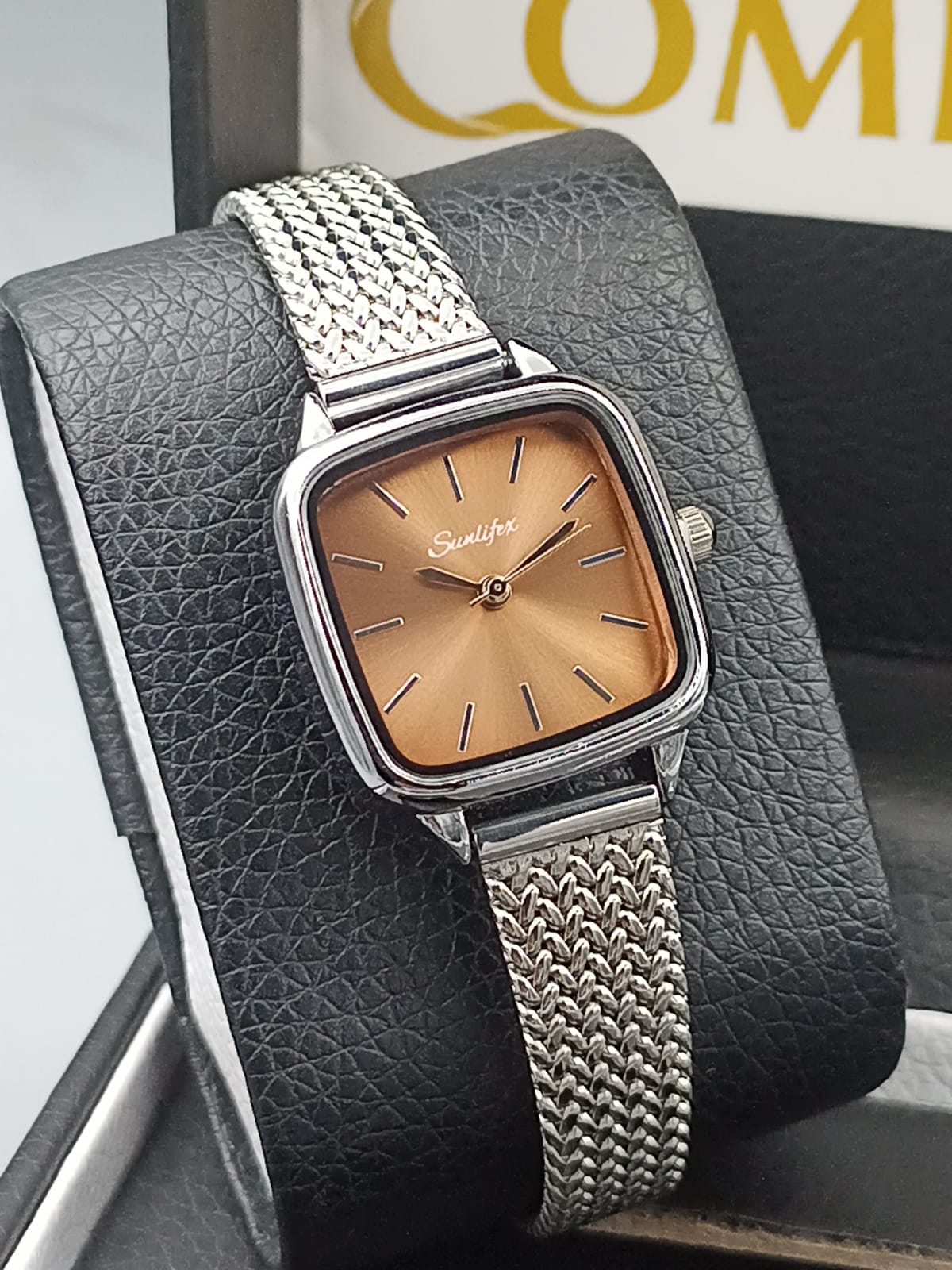 Sunlifex Square Dark Dial Gold Mesh Watch for Ladies