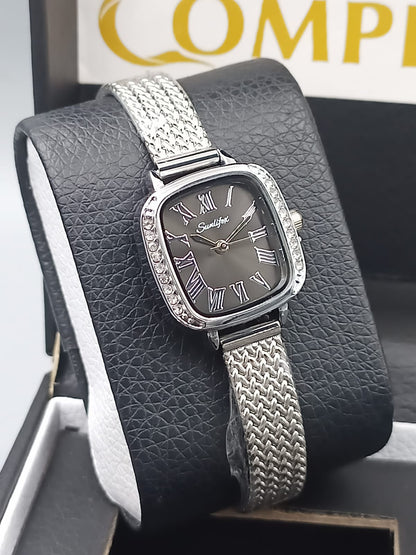 Sunlifex Crystal Bezel Square Silver Watch for Ladies