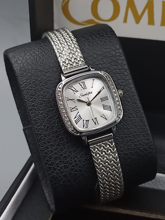 Sunlifex Crystal Bezel Square Silver Watch for Ladies
