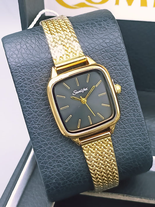 Sunlifex Square Dark Dial Gold Mesh Watch for Ladies
