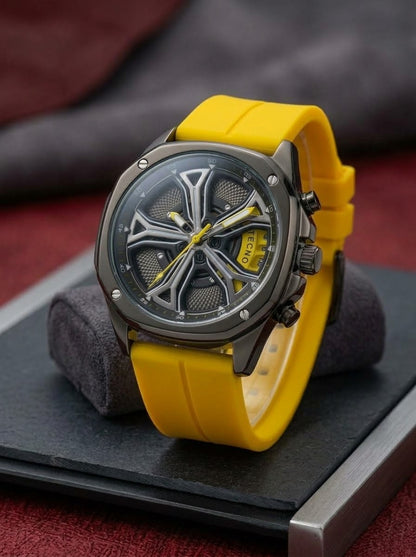 Tecno Rotatable Rim Skeleton Watch — Rubber Strap, Water Resistant