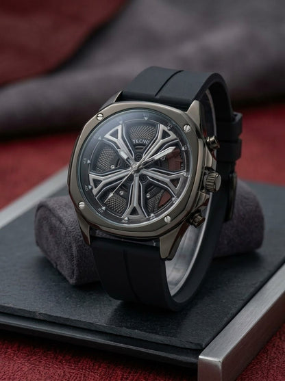 Tecno Rotatable Rim Skeleton Watch — Rubber Strap, Water Resistant