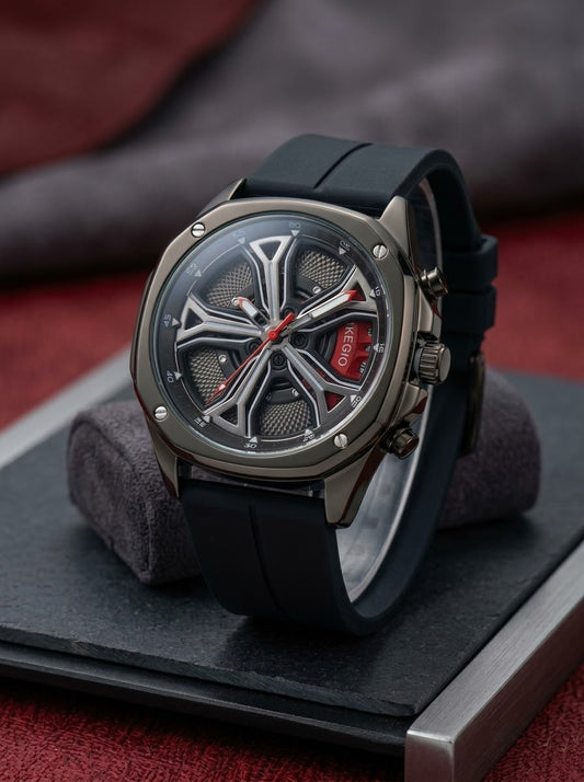 Tecno Rotatable Rim Skeleton Watch — Rubber Strap, Water Resistant
