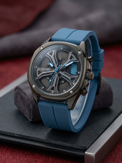 Tecno Rotatable Rim Skeleton Watch — Rubber Strap, Water Resistant