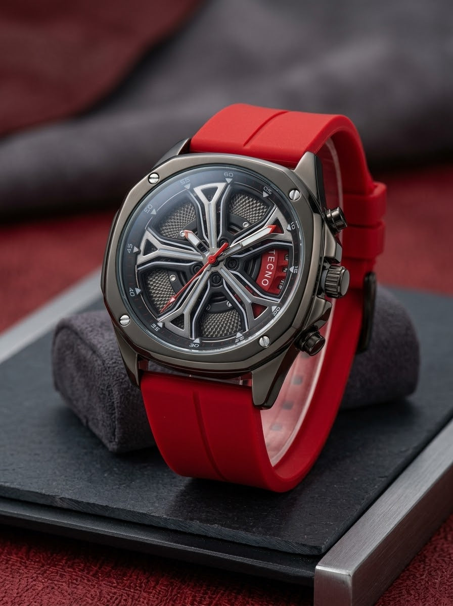 Tecno Rotatable Rim Skeleton Watch — Rubber Strap, Water Resistant