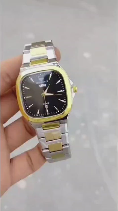 Men’s True Worth Stainless Steel Day & Date Quartz Watch – Two-Tone Bracelet