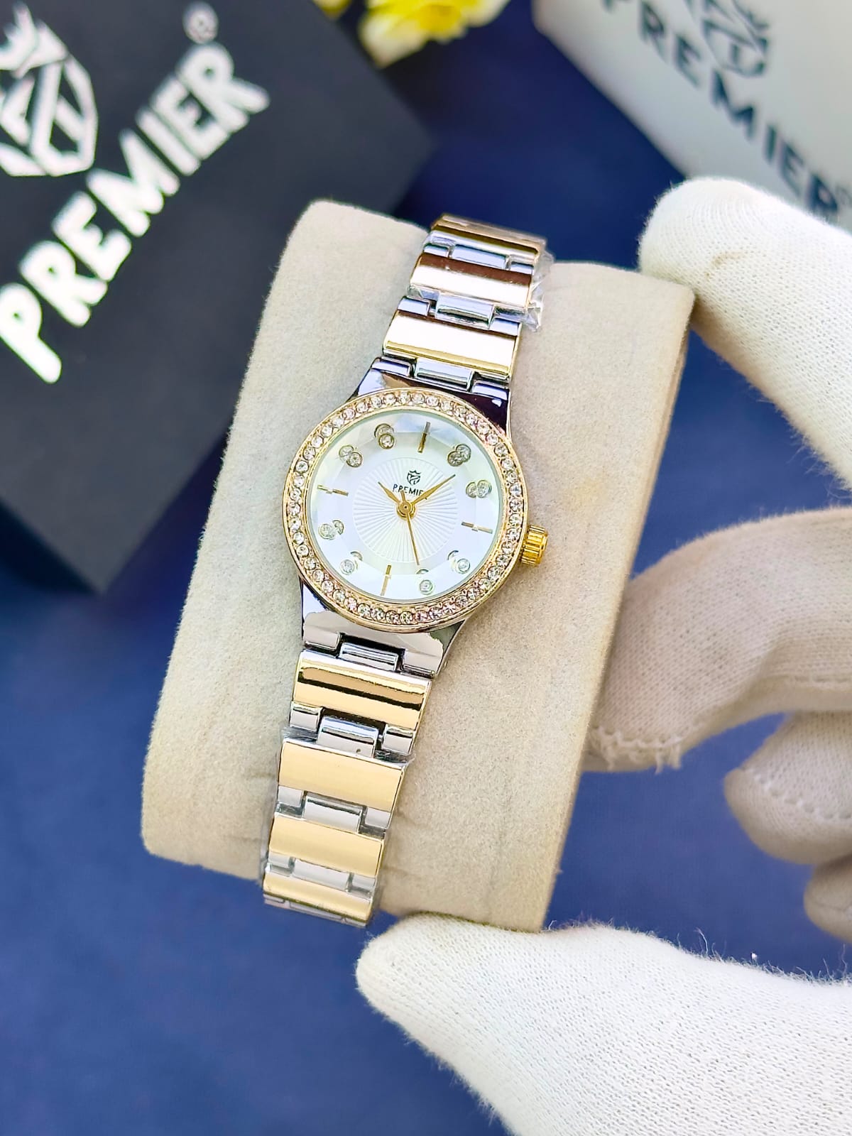 Premier Ladies Fancy Watch – Crystal Dial & Gold Bracelet with Butterfly Lock