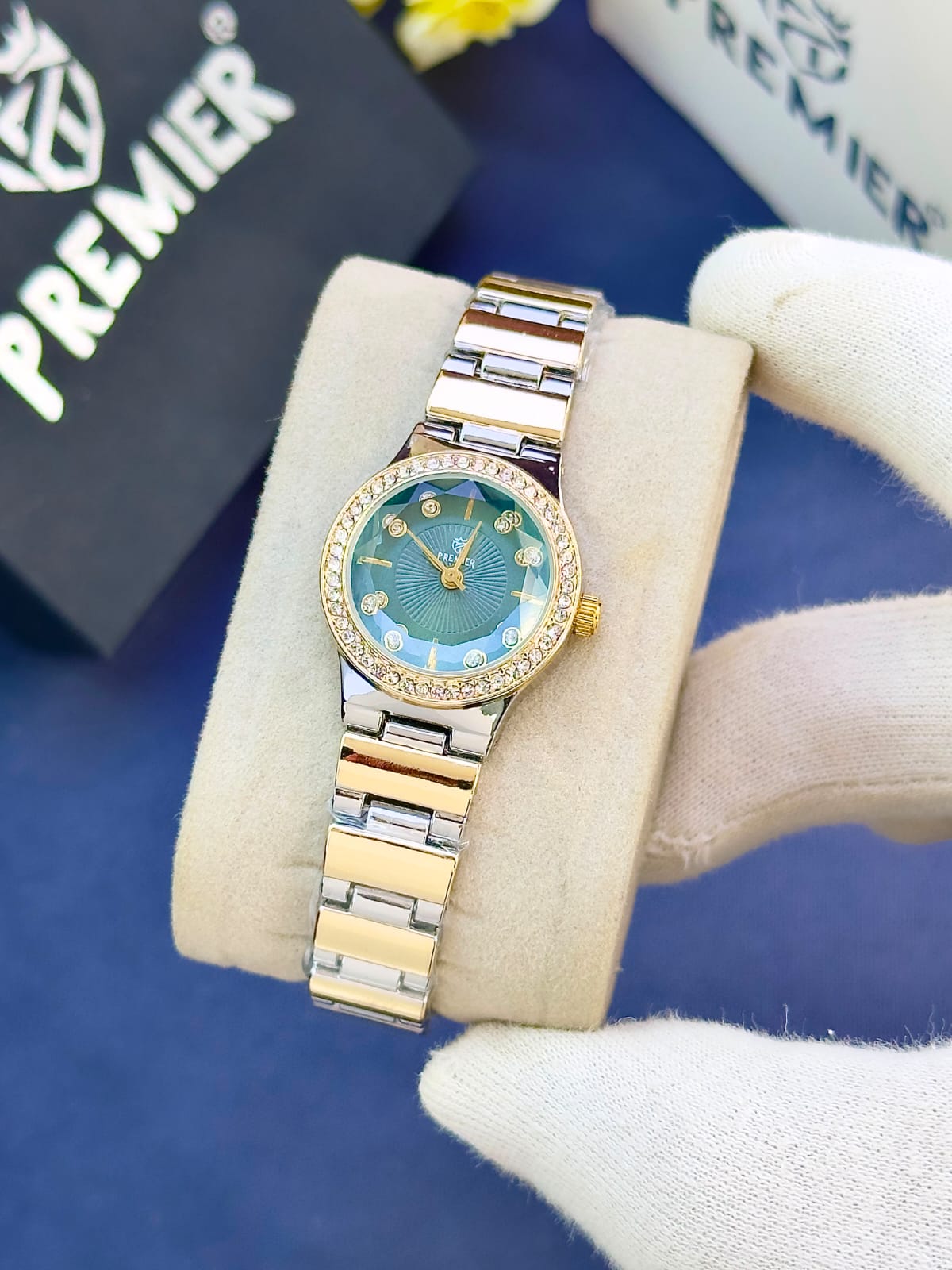 Premier Ladies Fancy Watch – Crystal Dial & Gold Bracelet with Butterfly Lock