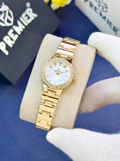 Premier Ladies Fancy Watch – Crystal Dial & Gold Bracelet with Butterfly Lock