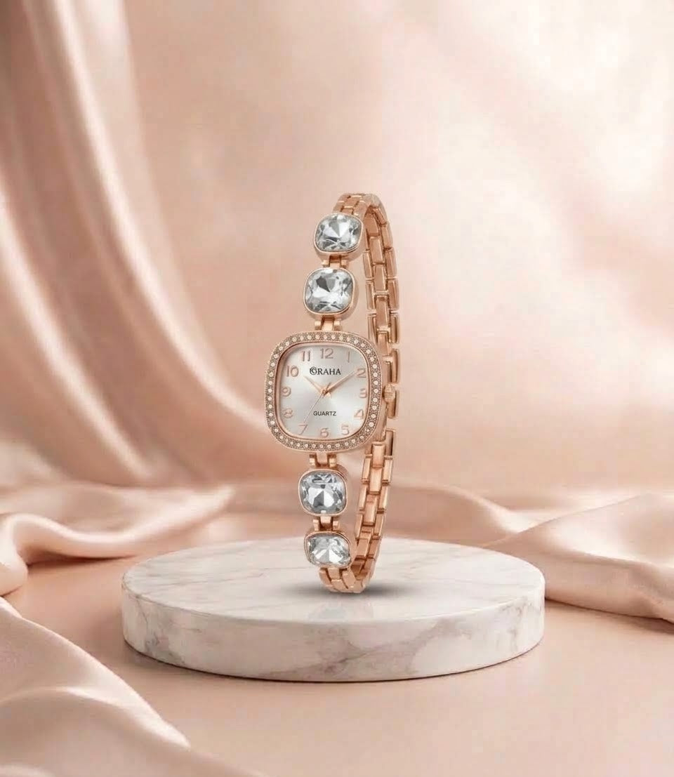 Luxury Crystal Bracelet Women's Watch – Elegant Rose Gold Square Dial